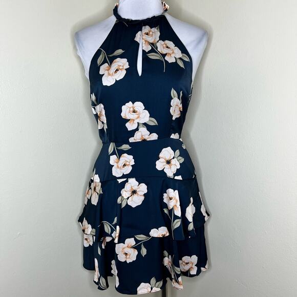 NWT BB Dakota Gardenia Party Dress 4 Floral Blue Cream Ruffle Mini Tiered Sheath - Picture 2 of 13